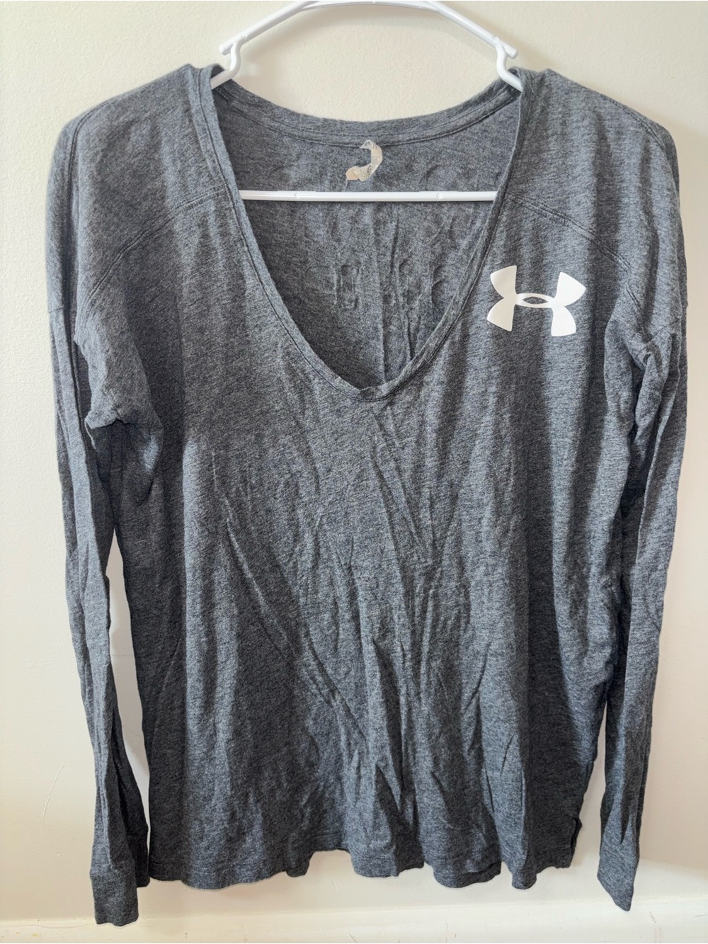 Under Armour Women's Long Sleeve V-Neck Top — Dark Gray with White Logo